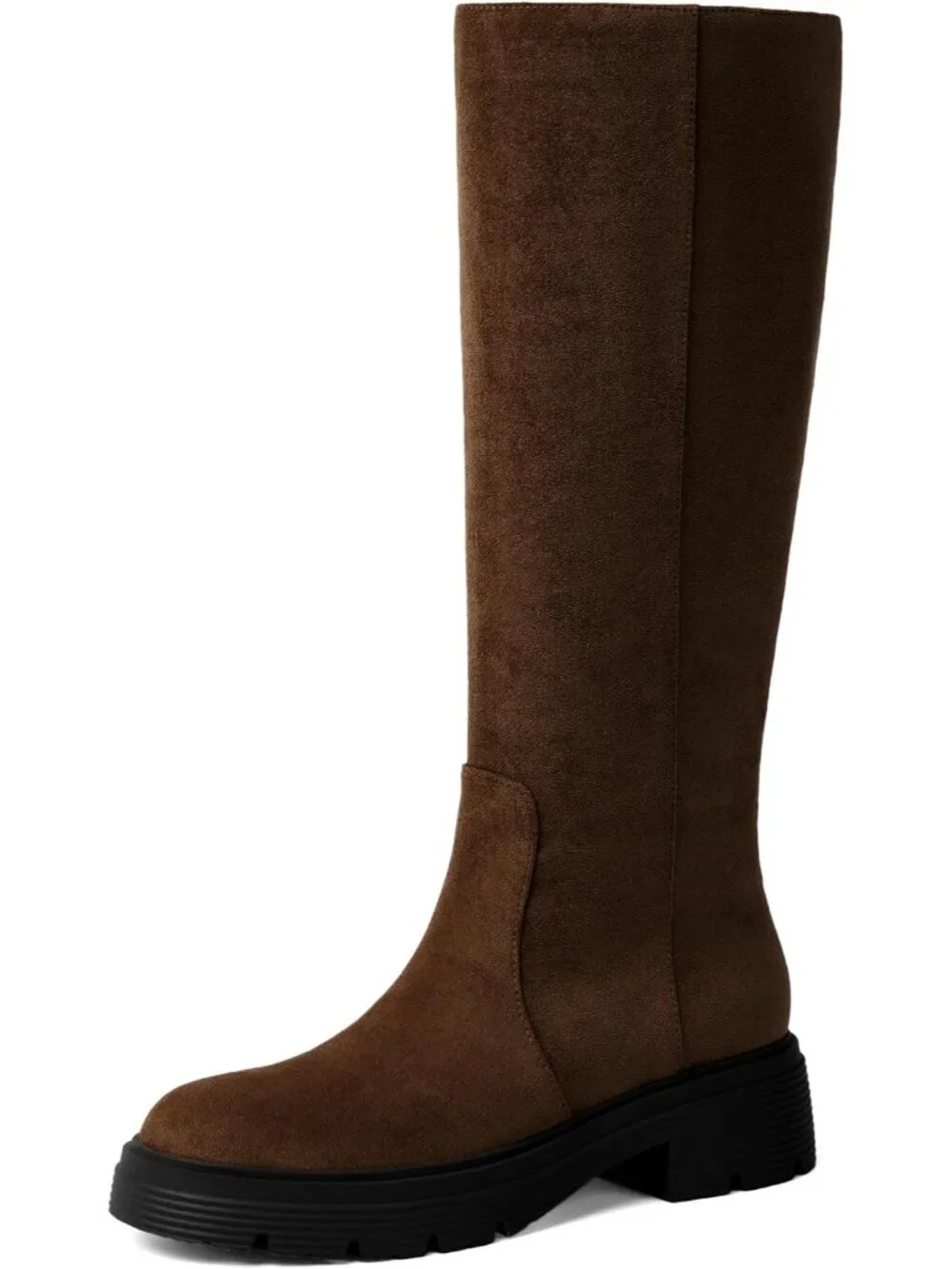 Women's Chocolate Faux Suede Low Block Heel Casual Side Zipper Knee High Boots